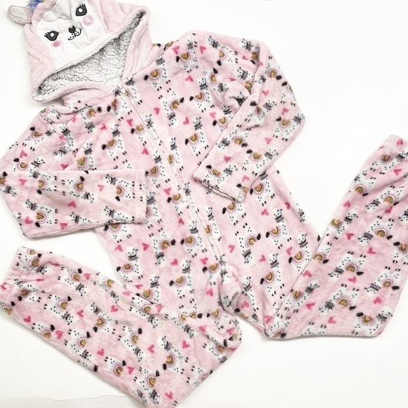 Modern Kids llama print zip up fleece pajama sleeper with hood - Picture 1 of 4